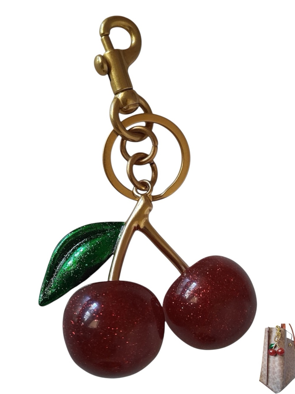 Cherry Bag Charm Green Leaf Large Glitter Purse Keychain